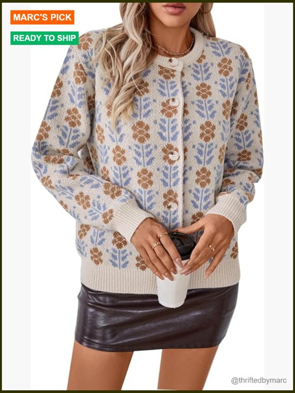 Long Sleeve Button Down Cardigan Sweater Floral Knit Jacket Women